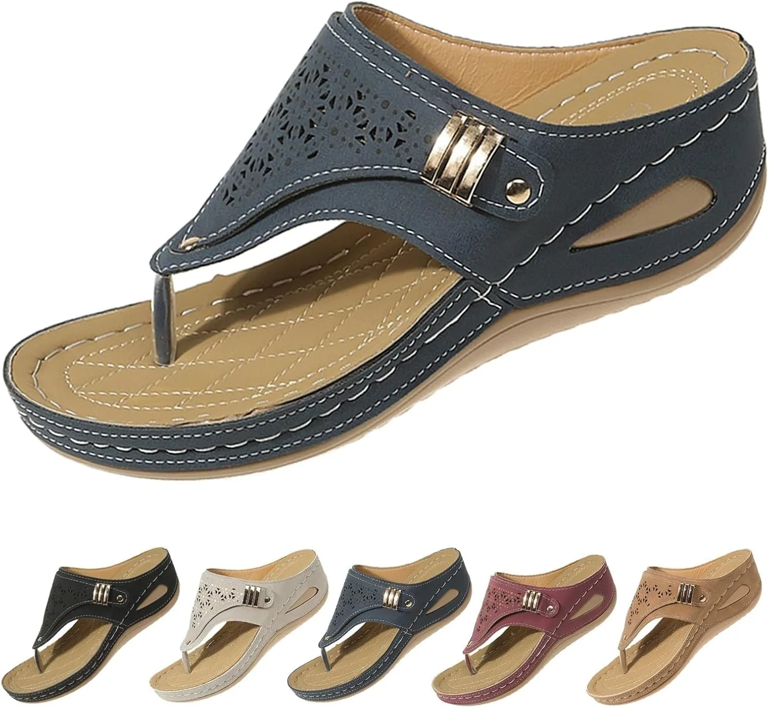Womens Orthopedic Sandals Summer Arch Support Flip Flops for Women Platform Wedge Sandals, Hollow Out Breathable Slippers Open Toe Slip On Flip Flops Comfortable Walking Slippers
