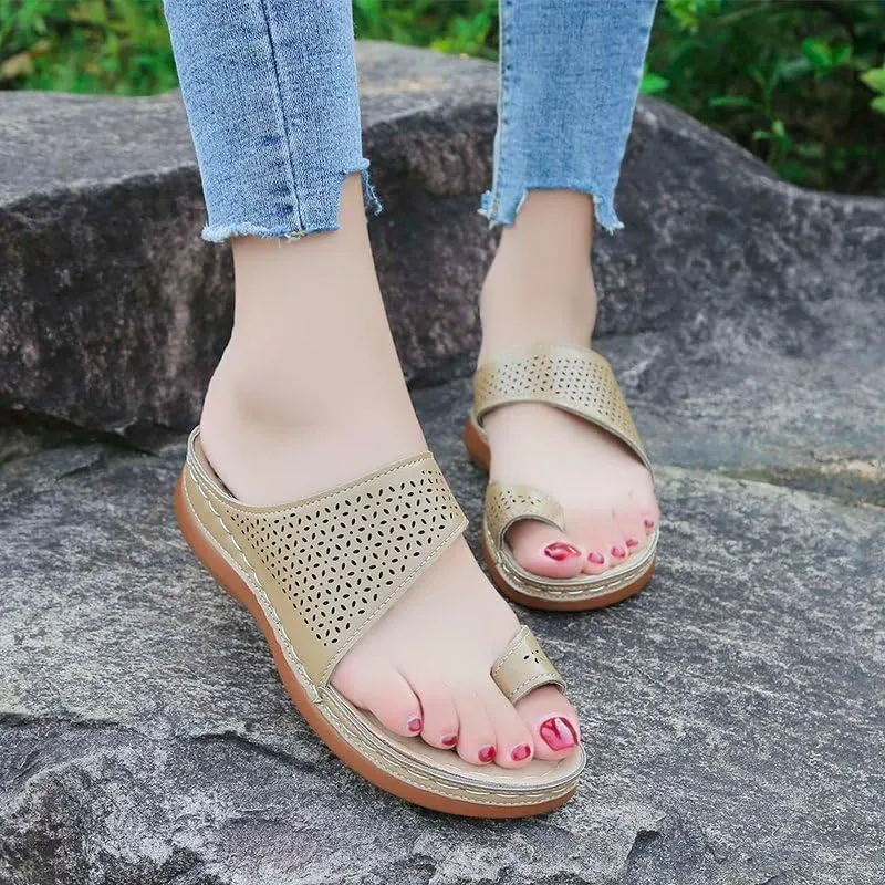 Womens Orthopedic Wedge Sandals Arch Support Platform Summer Dressy Flip Flop Casual Bunion Breathable Slide Ring Toe Hollow Bunion Corrector Slippers