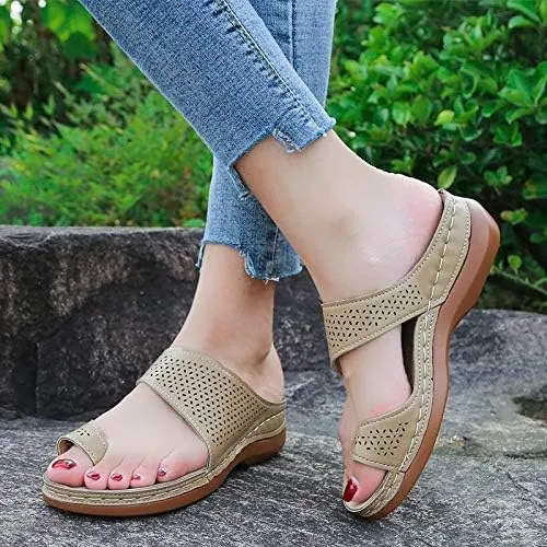 Womens Orthopedic Wedge Sandals Arch Support Platform Summer Dressy Flip Flop Casual Bunion Breathable Slide Ring Toe Hollow Bunion Corrector Slippers