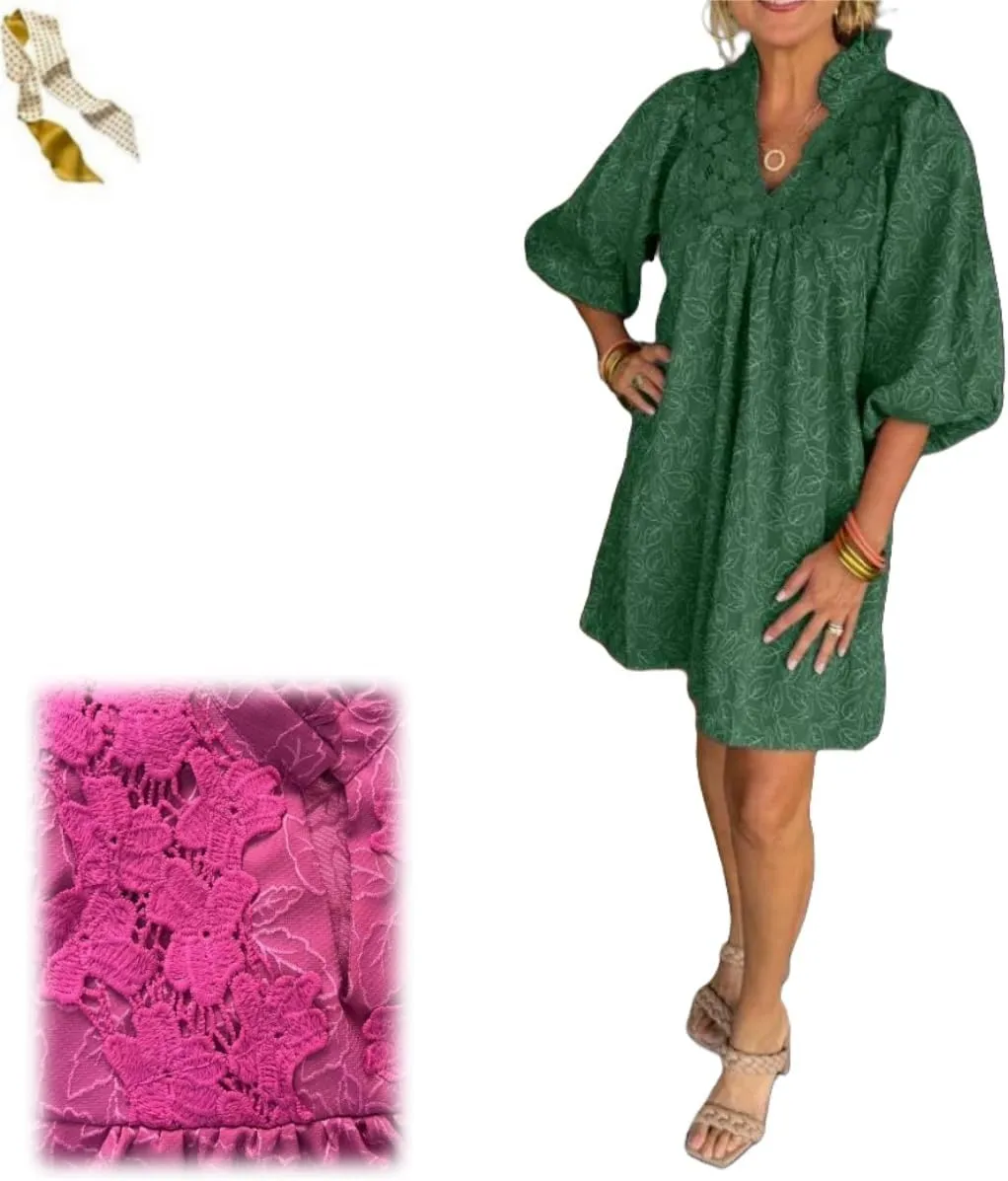Women's Puff Sleeve Leaf Jacquard Mini Dress,Casual Floral Lace V Neck 3/4 Sleeve A-line Dress,Loose Flowy Swing Short Dress