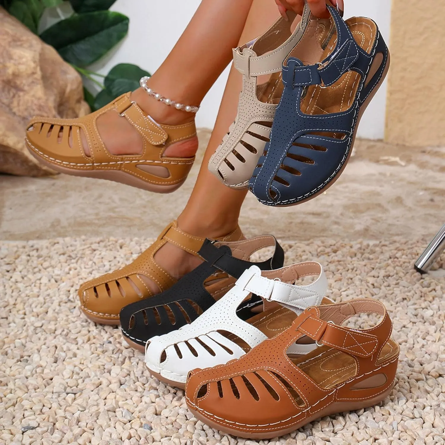 Womens Sandals Wedge Shoes Comfortable Ankle Strap Closed Toe Summer Platform Sandals Casual Bohemi Outdoor Wedges