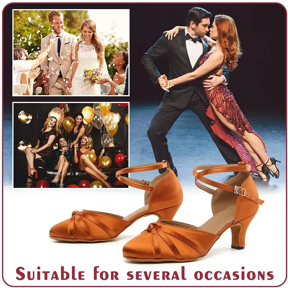 Women's Satin Ballroom Dance Shoes Closed Toe Ladies Latin Waltz Salsa Dancing Shoes Brown