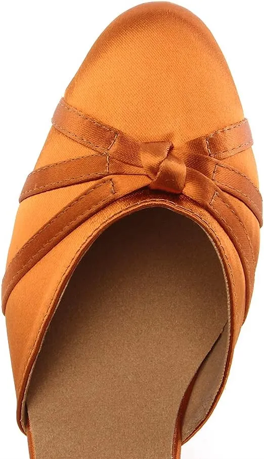 Women's Satin Ballroom Dance Shoes Closed Toe Ladies Latin Waltz Salsa Dancing Shoes Brown