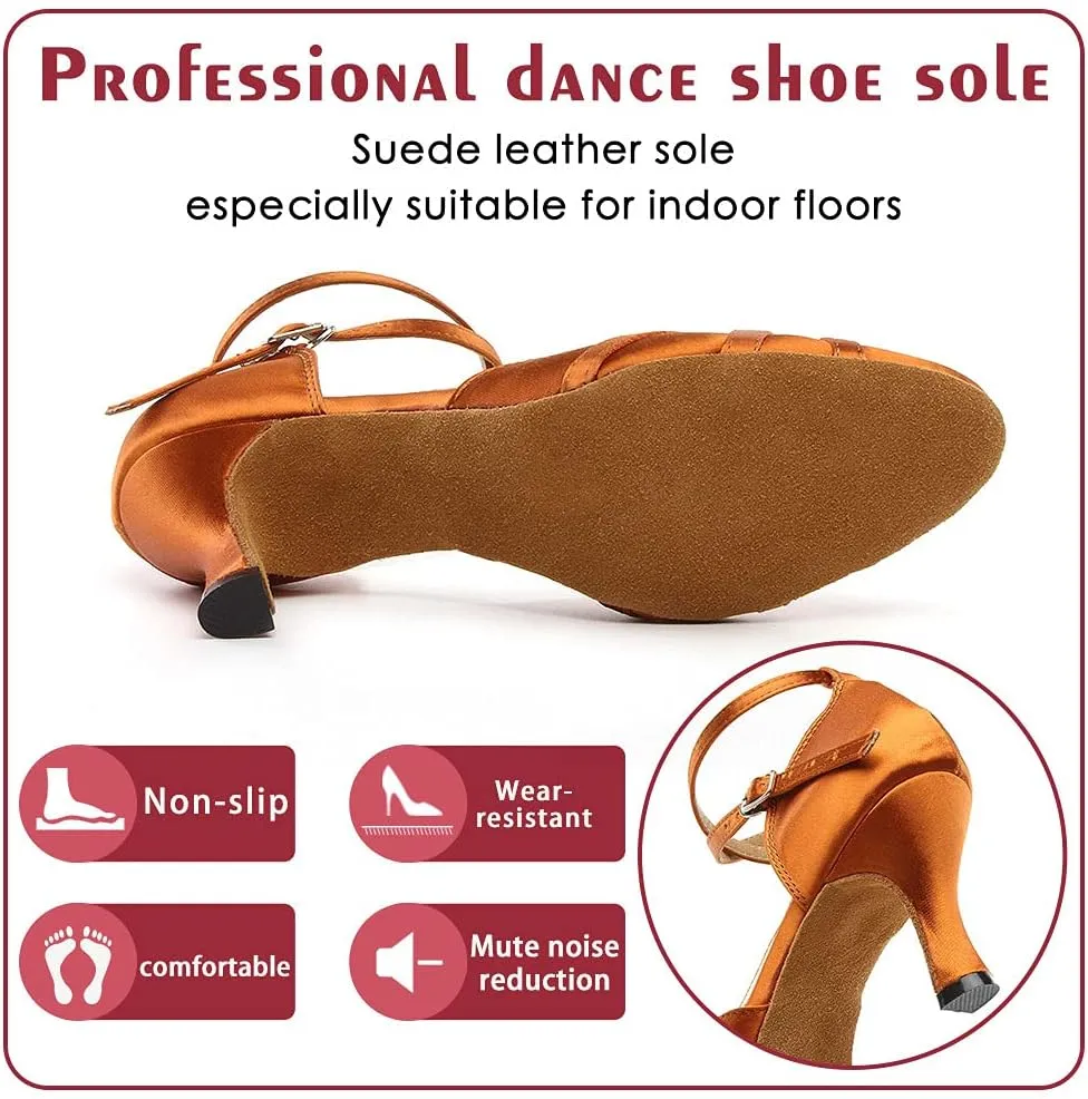 Women's Satin Ballroom Dance Shoes Closed Toe Ladies Latin Waltz Salsa Dancing Shoes Brown