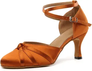 Women's Satin Ballroom Dance Shoes Closed Toe Ladies Latin Waltz Salsa Dancing Shoes Brown