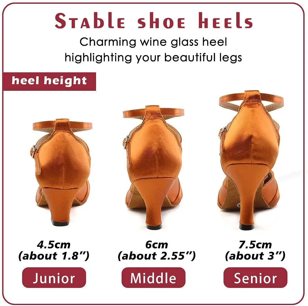 Women's Satin Ballroom Dance Shoes Closed Toe Ladies Latin Waltz Salsa Dancing Shoes Brown