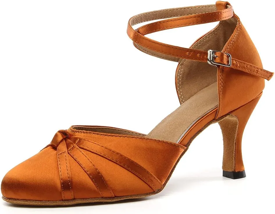Women's Satin Ballroom Dance Shoes Closed Toe Ladies Latin Waltz Salsa Dancing Shoes Brown