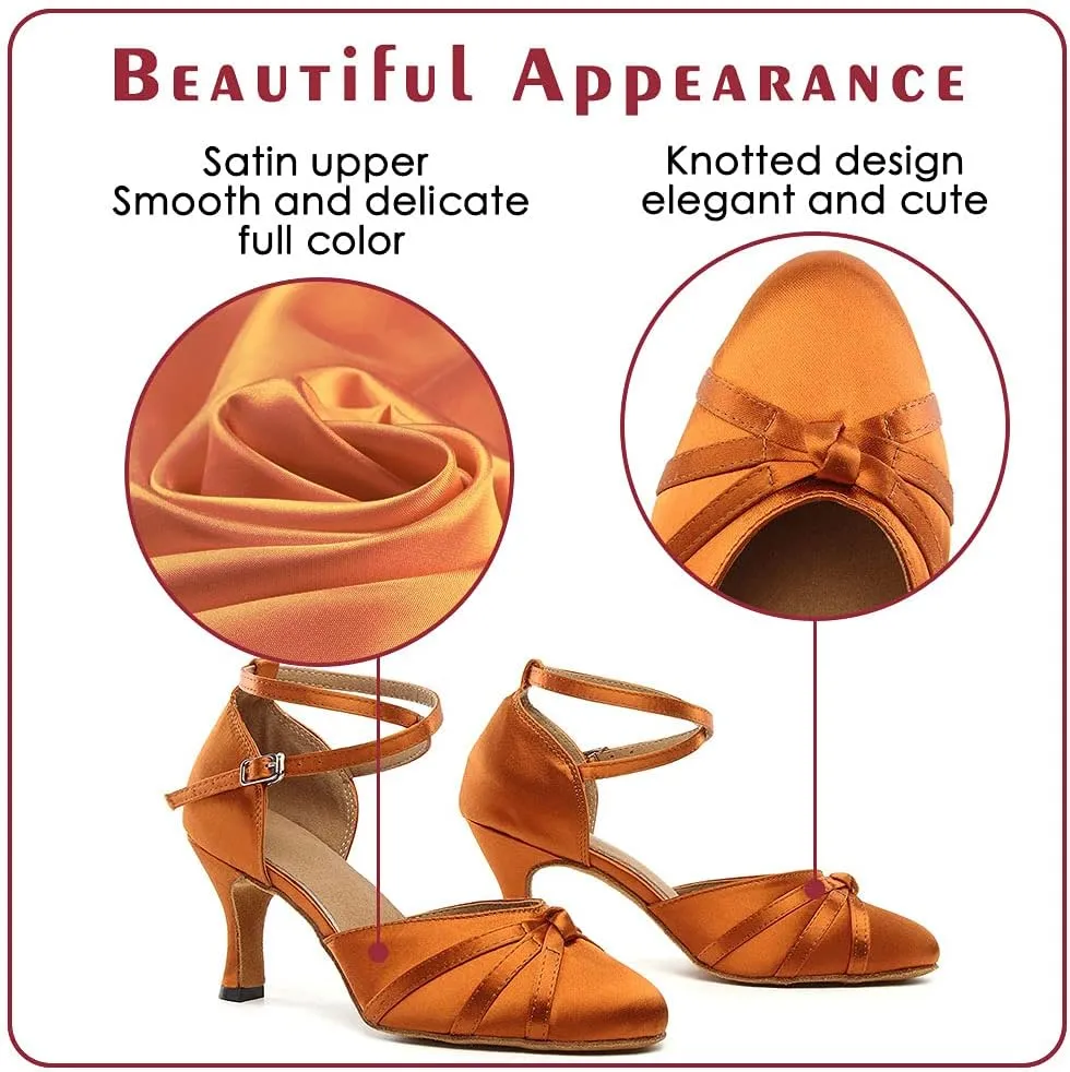 Women's Satin Ballroom Dance Shoes Closed Toe Ladies Latin Waltz Salsa Dancing Shoes Brown
