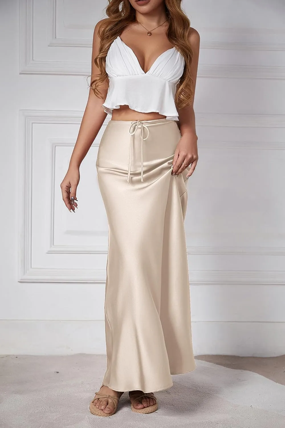 Womens Satin Maxi Skirt High Waisted Silk Elegant A Line Cocktail Party Long Skirts