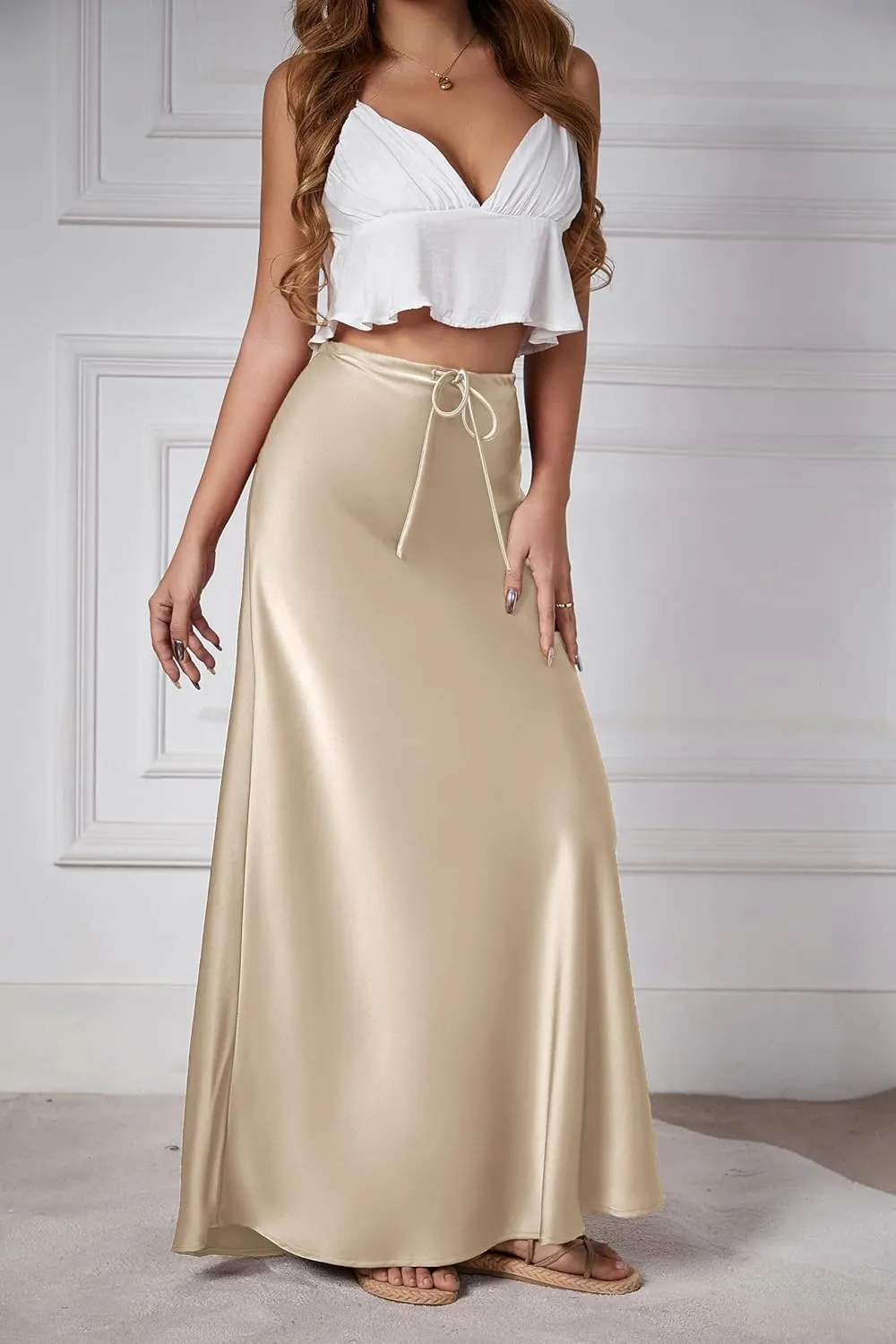 Womens Satin Maxi Skirt High Waisted Silk Elegant A Line Cocktail Party Long Skirts
