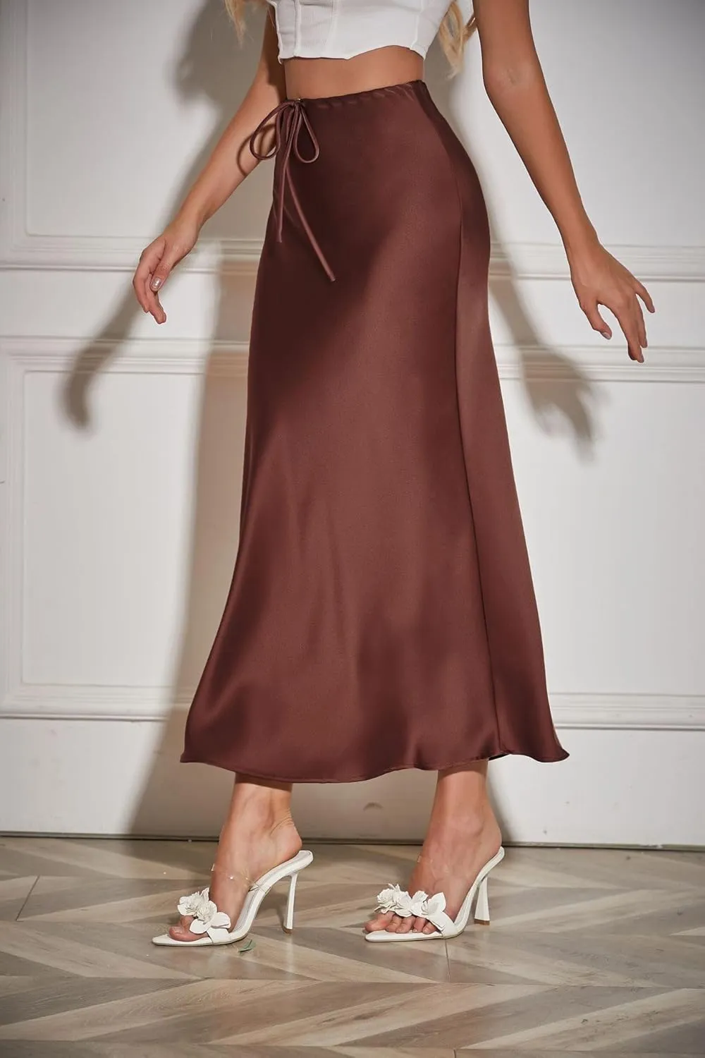 Women's Satin Silk Maxi Skirts High Waist Drawstring Elastic Casual A-Line Long Midi Skirt