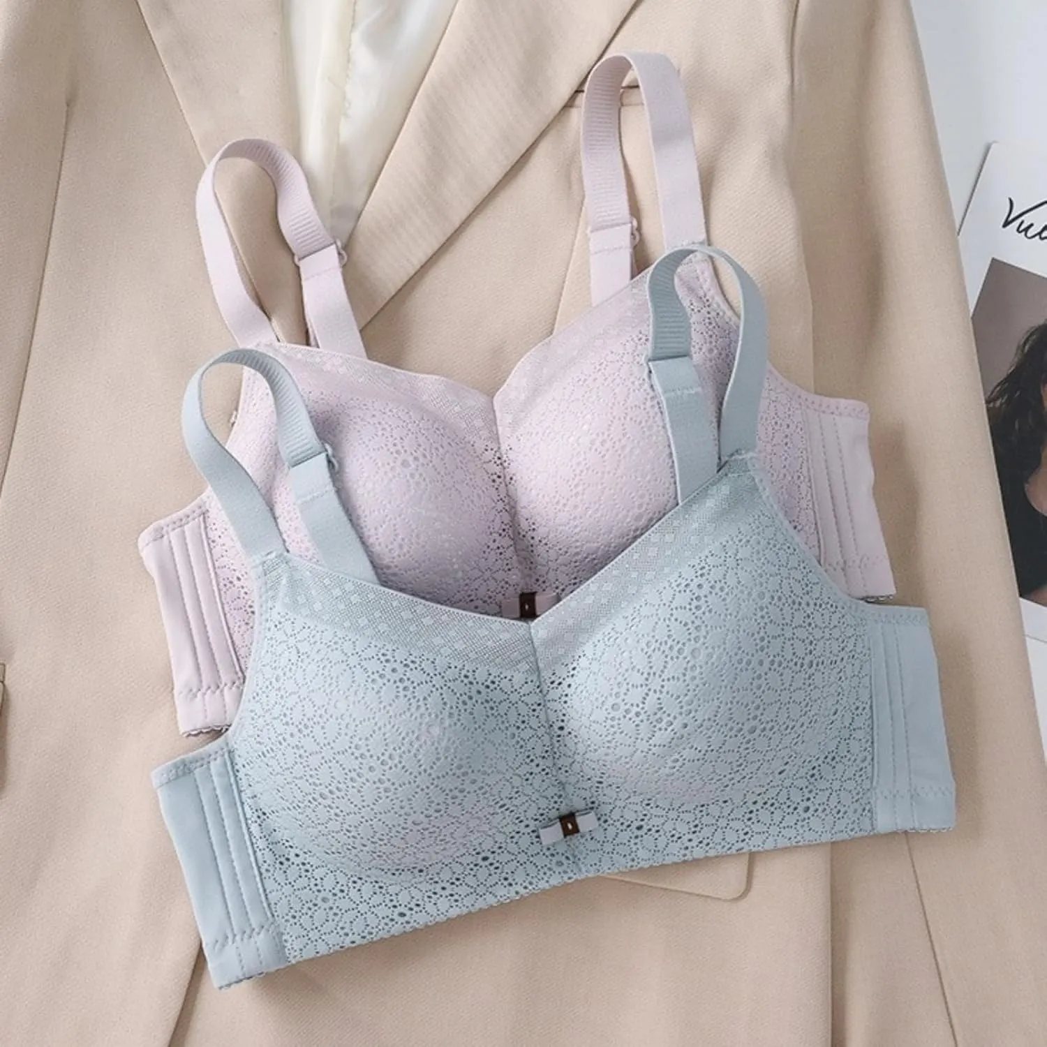 Women's Small Breasts in Thick Flower lace Full Cup Without Steel Ring Bra Gathered Anti-Sagging Shoulder Back Adjustable Bra
