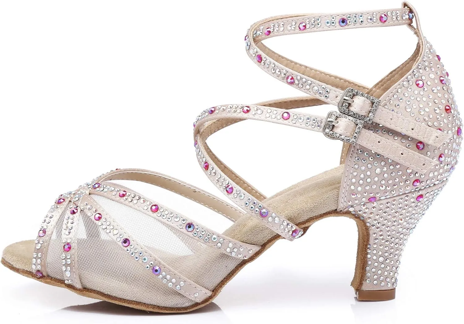 Women's Suede Sole Rhinestone Ballroom Dance Shoes Latin Salsa Glitter Performance Dance Shoes