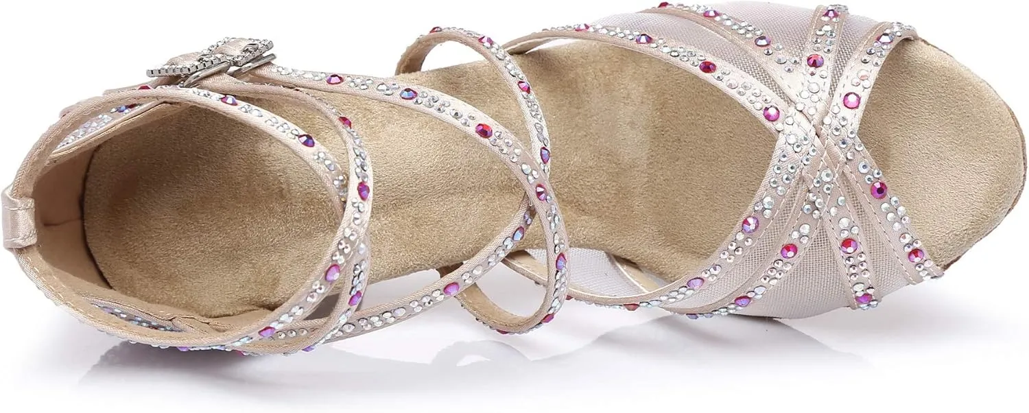 Women's Suede Sole Rhinestone Ballroom Dance Shoes Latin Salsa Glitter Performance Dance Shoes