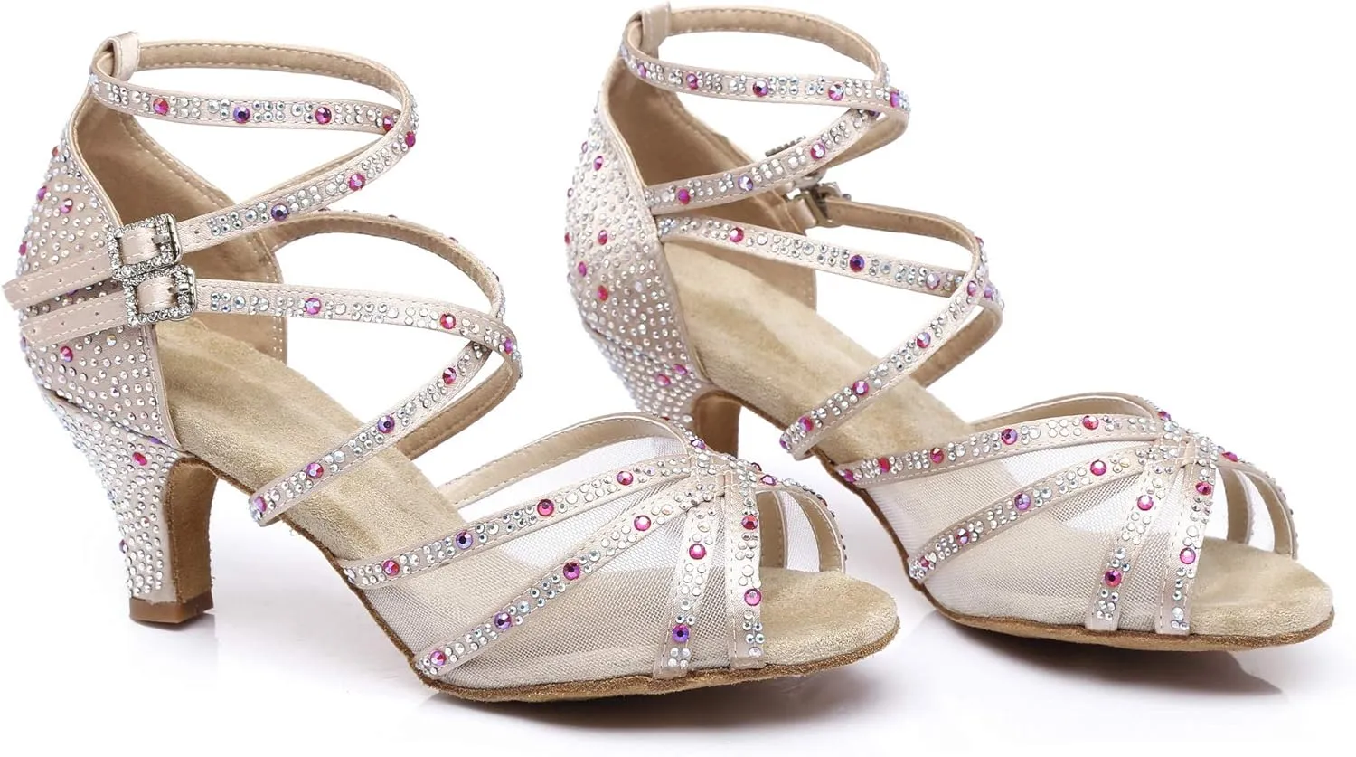 Women's Suede Sole Rhinestone Ballroom Dance Shoes Latin Salsa Glitter Performance Dance Shoes