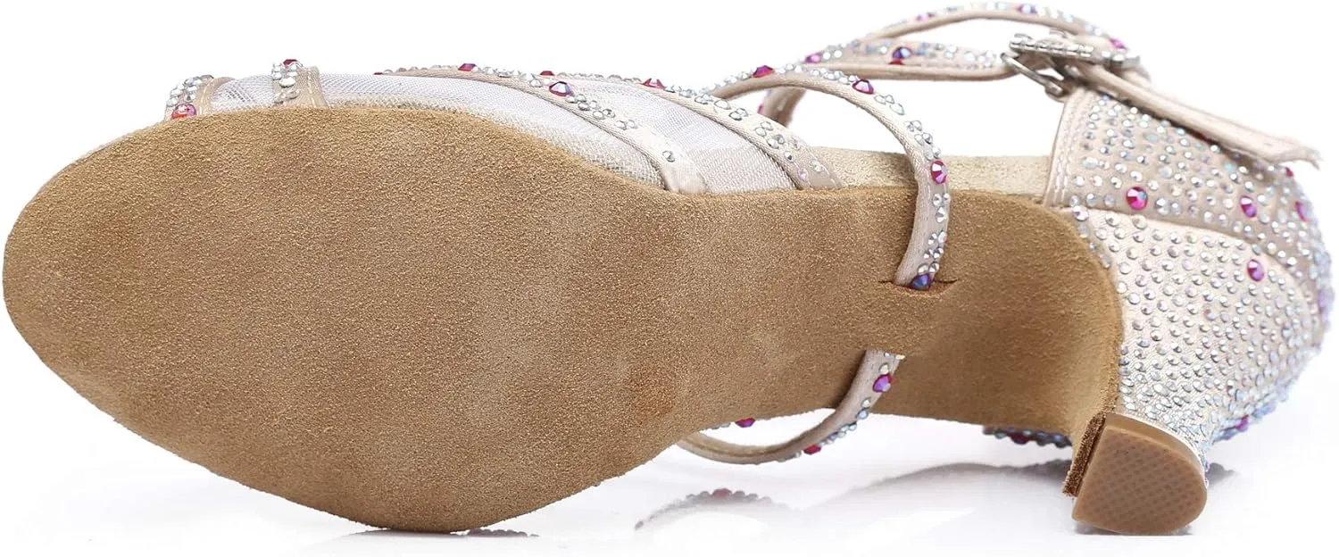 Women's Suede Sole Rhinestone Ballroom Dance Shoes Latin Salsa Glitter Performance Dance Shoes