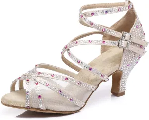 Women's Suede Sole Rhinestone Ballroom Dance Shoes Latin Salsa Glitter Performance Dance Shoes