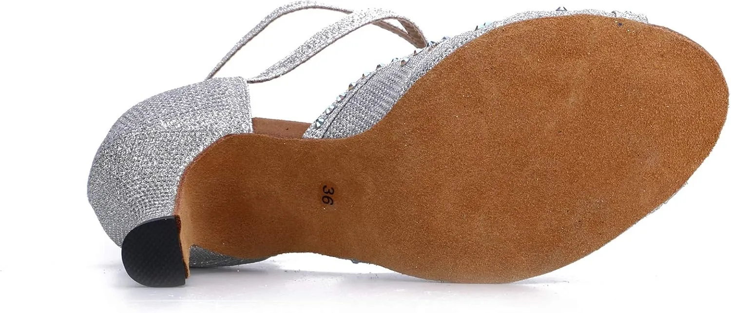 Women's Suede Sole Rhinestone Ballroom Dance Shoes Latin Salsa Performance Dance Shoes 2.7" Heel
