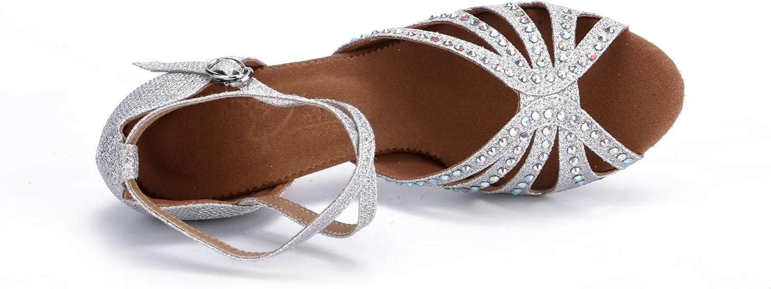 Women's Suede Sole Rhinestone Ballroom Dance Shoes Latin Salsa Performance Dance Shoes 2.7" Heel