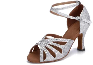 Women's Suede Sole Rhinestone Ballroom Dance Shoes Latin Salsa Performance Dance Shoes 2.7" Heel