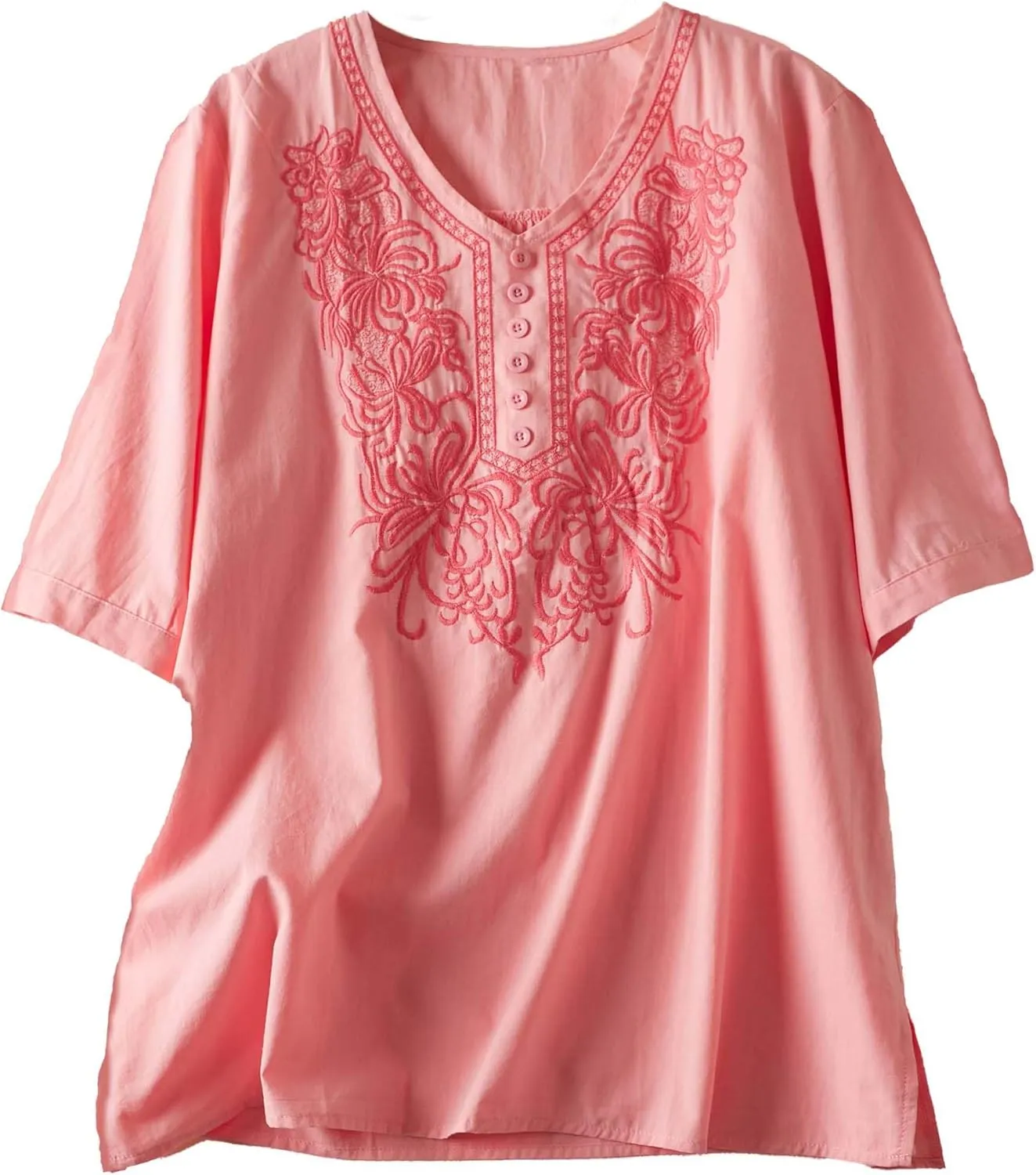 Women's Summer Flora Embroidered Tops V Neck Short Sleeve Tunic Tops for Women Cotton Blouses Boho Loose Fit Tunic Tshirts