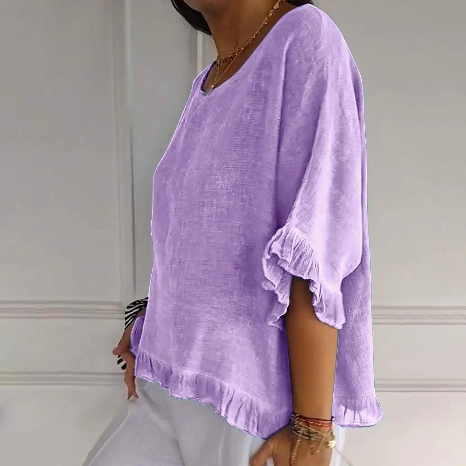 Womens Summer Linen Shirts Cute Ruffle Elbow Sleeve Cotton Tops Casual Crew Neck Plain Tshirt Loose Peasant Blouses