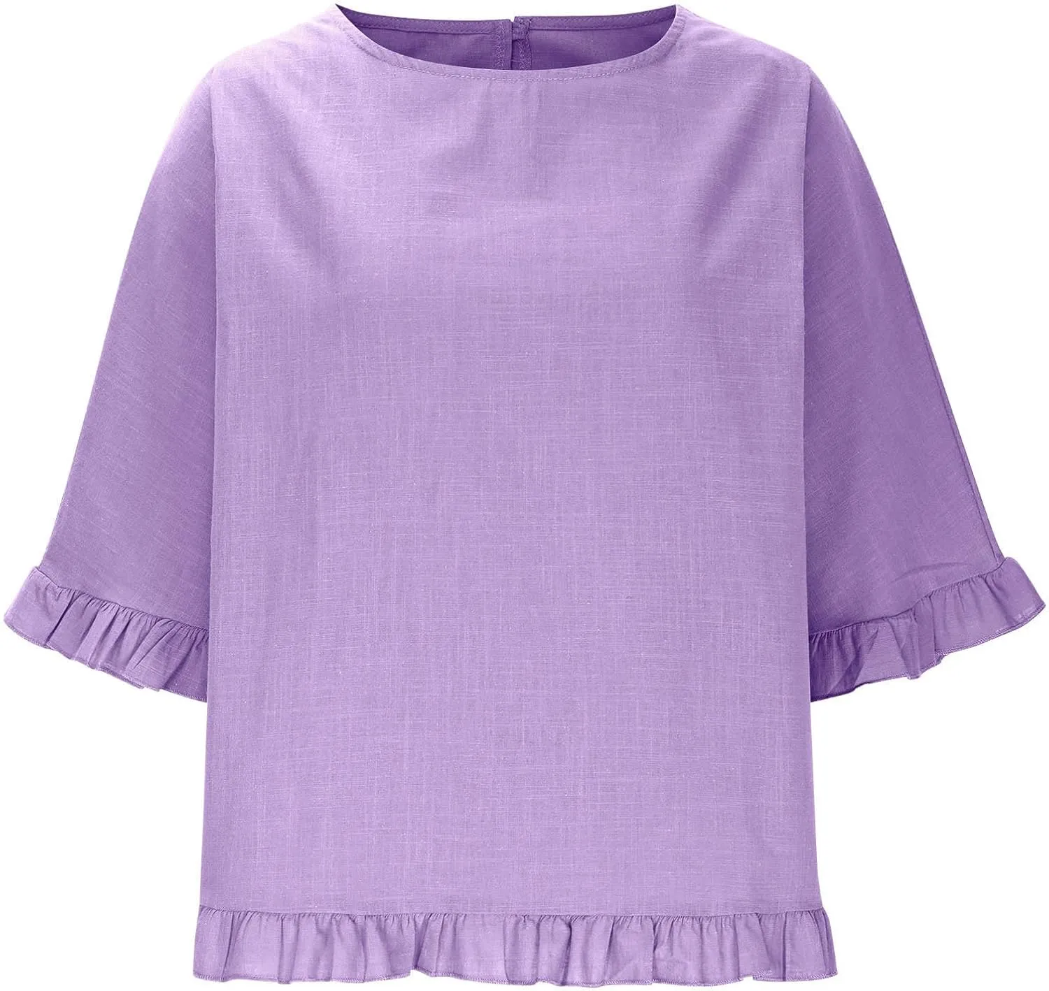 Womens Summer Linen Shirts Cute Ruffle Elbow Sleeve Cotton Tops Casual Crew Neck Plain Tshirt Loose Peasant Blouses