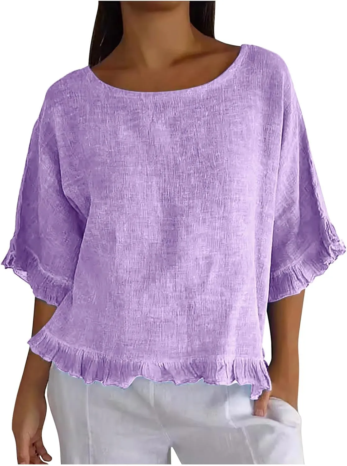 Womens Summer Linen Shirts Cute Ruffle Elbow Sleeve Cotton Tops Casual Crew Neck Plain Tshirt Loose Peasant Blouses
