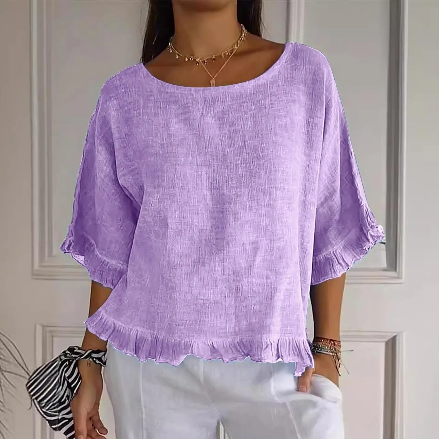 Womens Summer Linen Shirts Cute Ruffle Elbow Sleeve Cotton Tops Casual Crew Neck Plain Tshirt Loose Peasant Blouses
