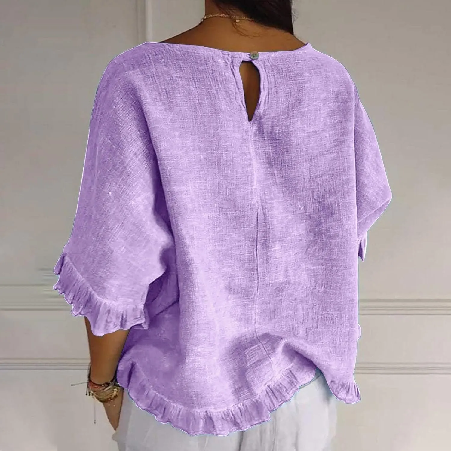 Womens Summer Linen Shirts Cute Ruffle Elbow Sleeve Cotton Tops Casual Crew Neck Plain Tshirt Loose Peasant Blouses