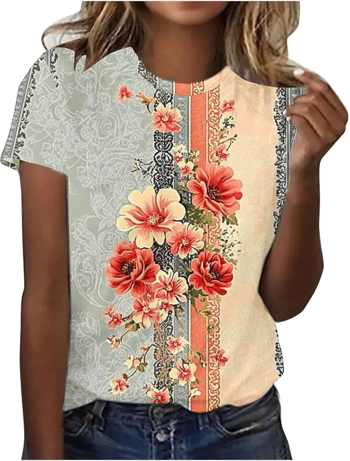 Women's Vintage Floral Tee Shirts 2025 Summer Tops Crewneck Short Sleeve T Shirts Dressy Casual Tunics Cute Blouses
