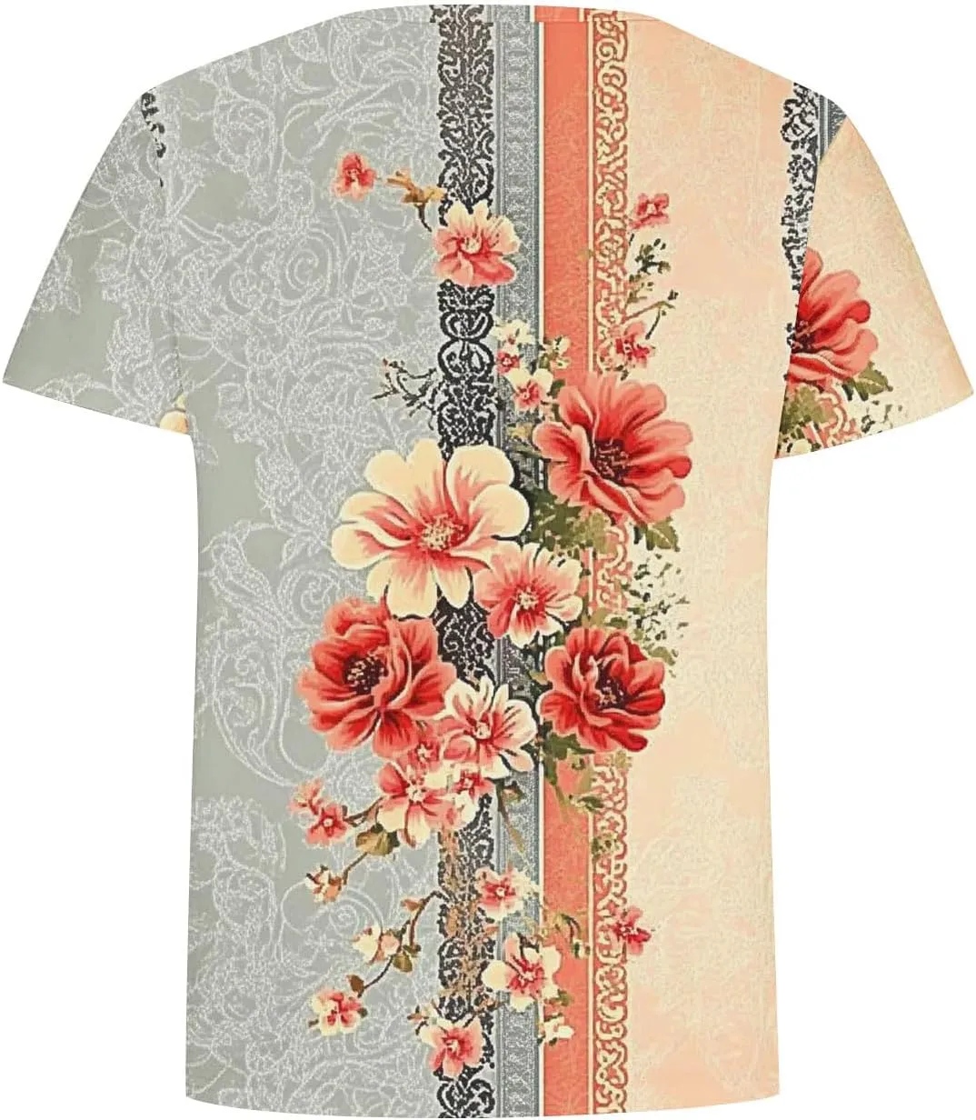 Women's Vintage Floral Tee Shirts 2025 Summer Tops Crewneck Short Sleeve T Shirts Dressy Casual Tunics Cute Blouses