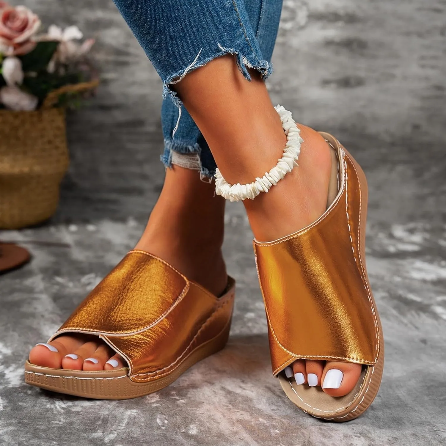 Womens Wedge Sandals Shoes Orthopedic Comfortable Summer Beach Dressy Slipper with Arch Support Casual Platform Slides
