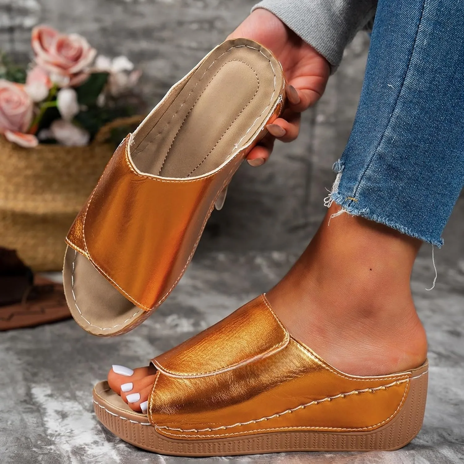 Womens Wedge Sandals Shoes Orthopedic Comfortable Summer Beach Dressy Slipper with Arch Support Casual Platform Slides
