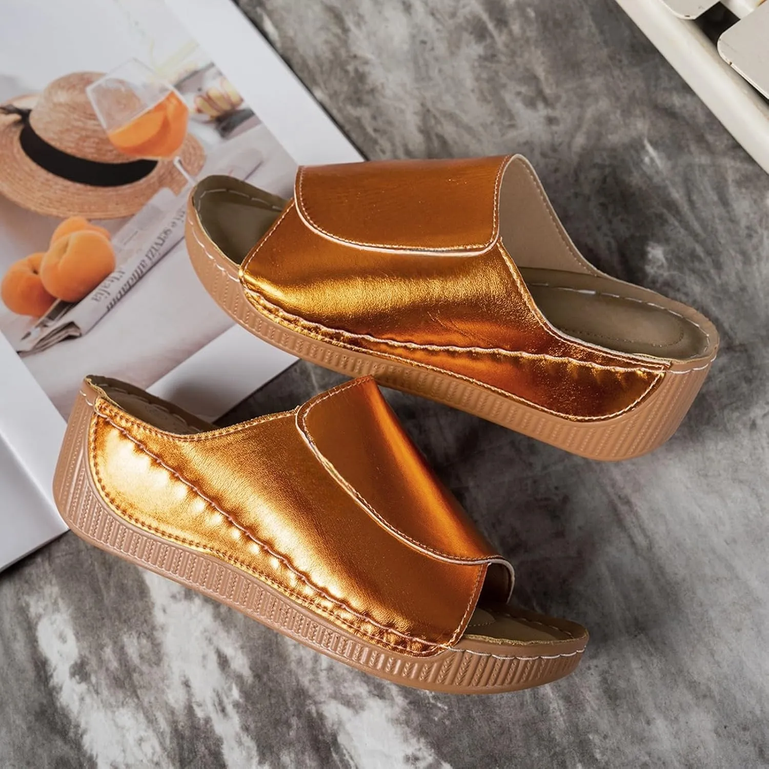 Womens Wedge Sandals Shoes Orthopedic Comfortable Summer Beach Dressy Slipper with Arch Support Casual Platform Slides
