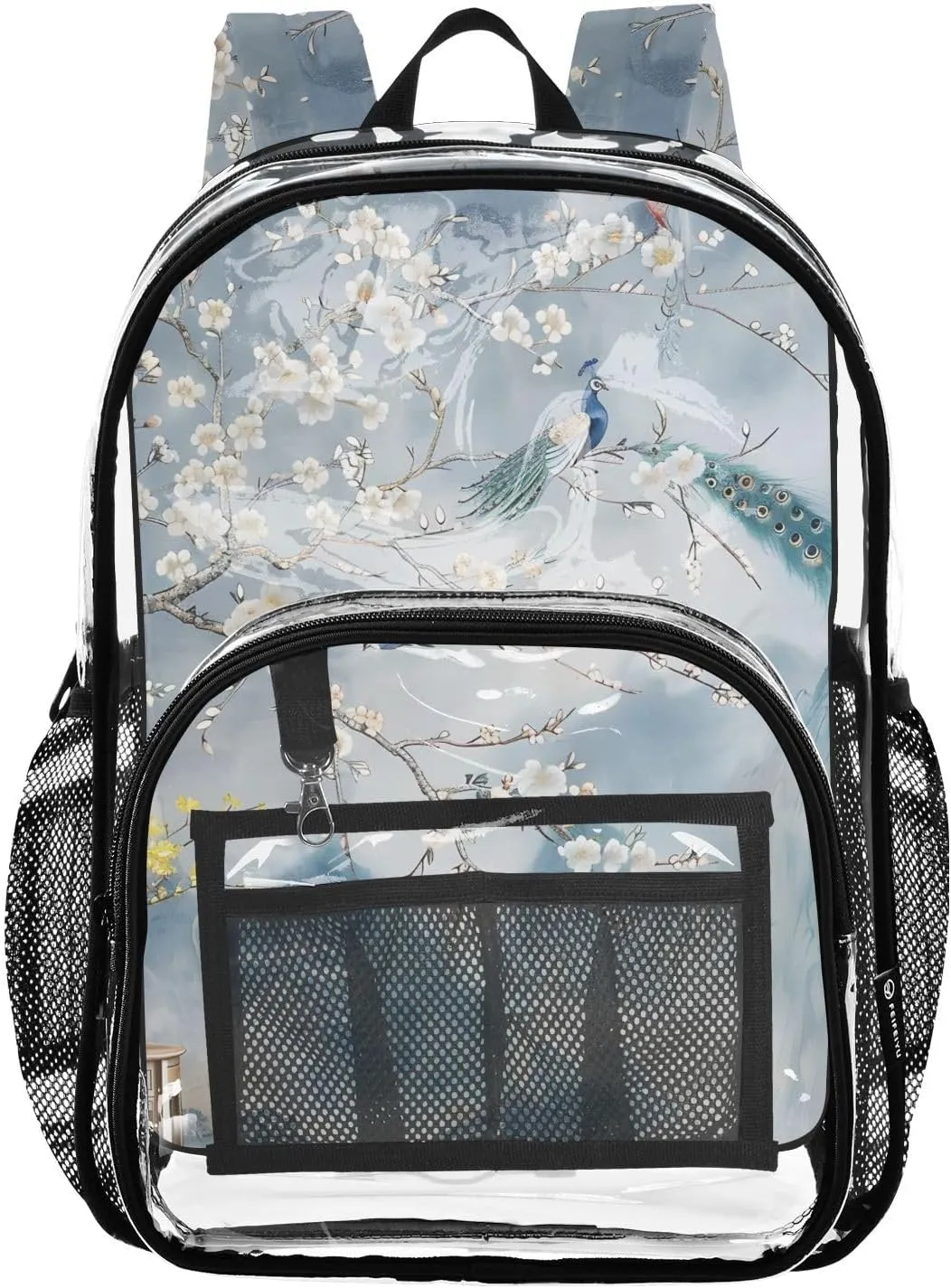 Wonderland Pattern Clear Plastic Backpack - Transparent PVC Heavy Duty Bag with Large Main Pocket and Mesh Pockets - Ideal for School, Travel, Outings - Clear Backpack for Everyday Use