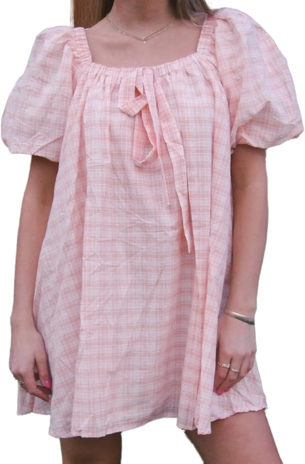 Y2k Women Gingham Puff Short Sleeve Mini Dress Ruffle Square Neck A Line Flowy Babydoll Short Dresses Summer