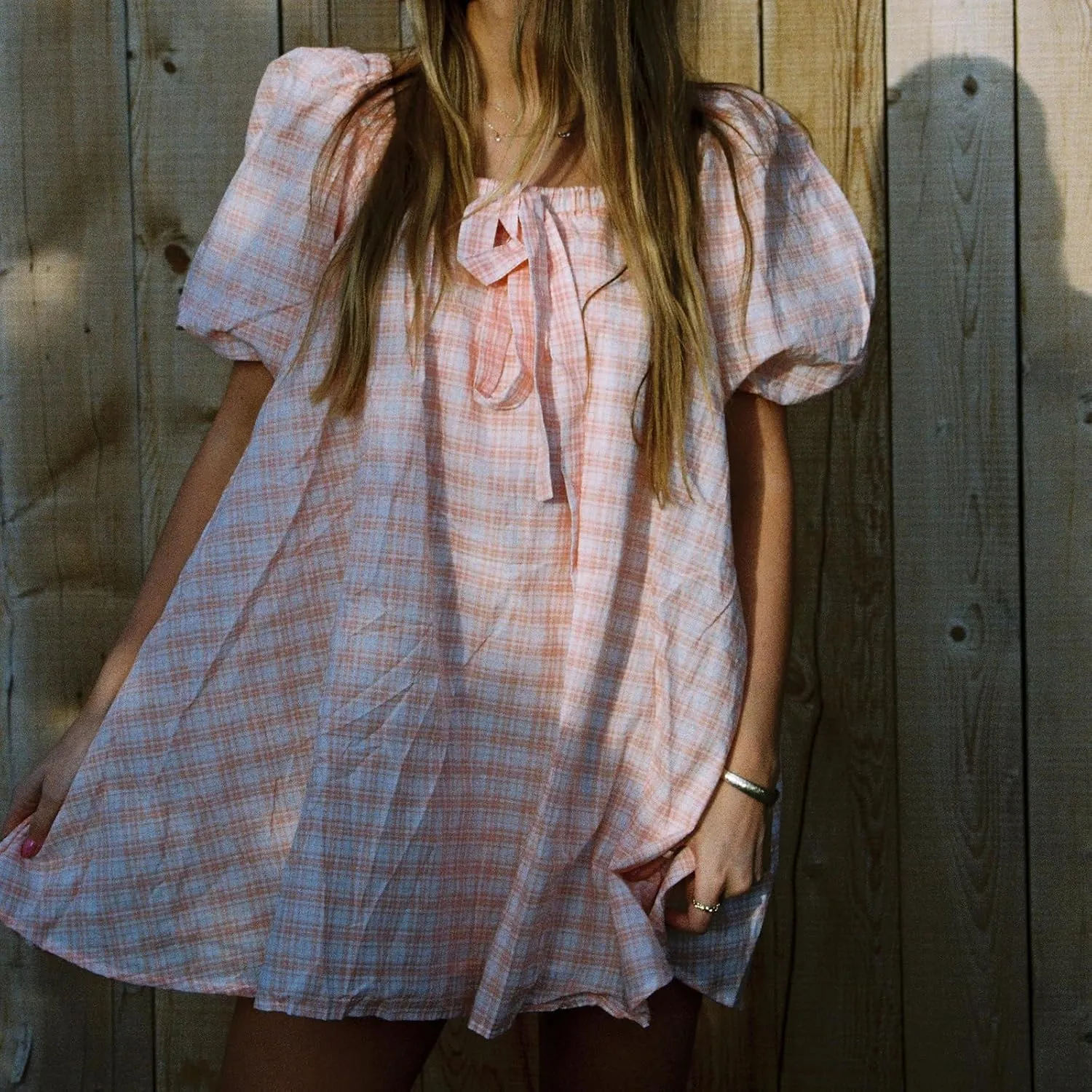 Y2k Women Gingham Puff Short Sleeve Mini Dress Ruffle Square Neck A Line Flowy Babydoll Short Dresses Summer