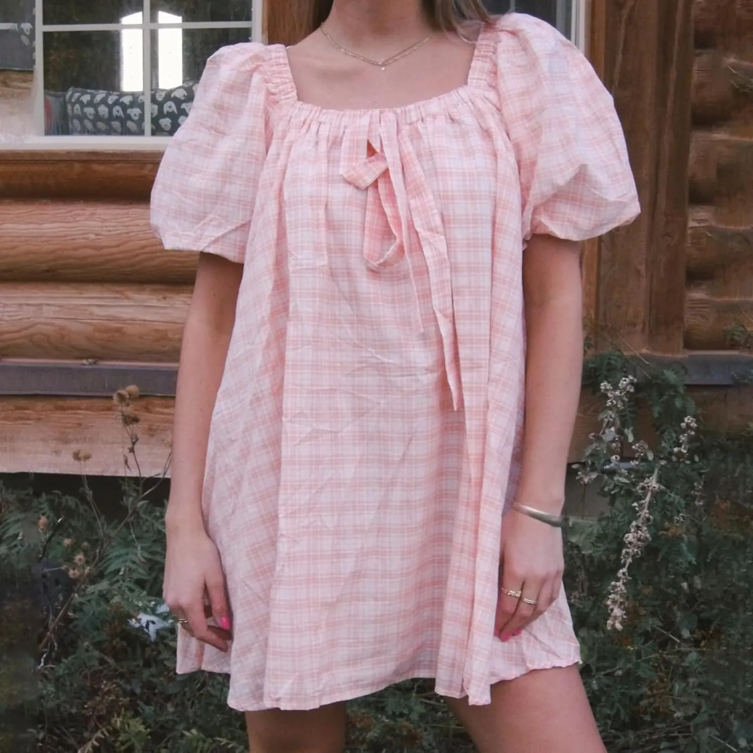 Y2k Women Gingham Puff Short Sleeve Mini Dress Ruffle Square Neck A Line Flowy Babydoll Short Dresses Summer