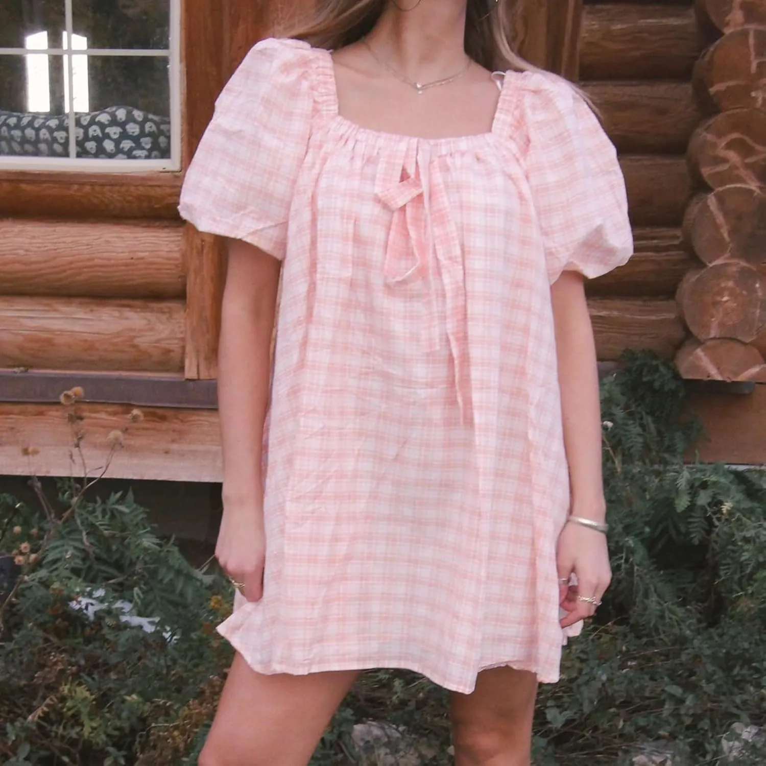 Y2k Women Gingham Puff Short Sleeve Mini Dress Ruffle Square Neck A Line Flowy Babydoll Short Dresses Summer