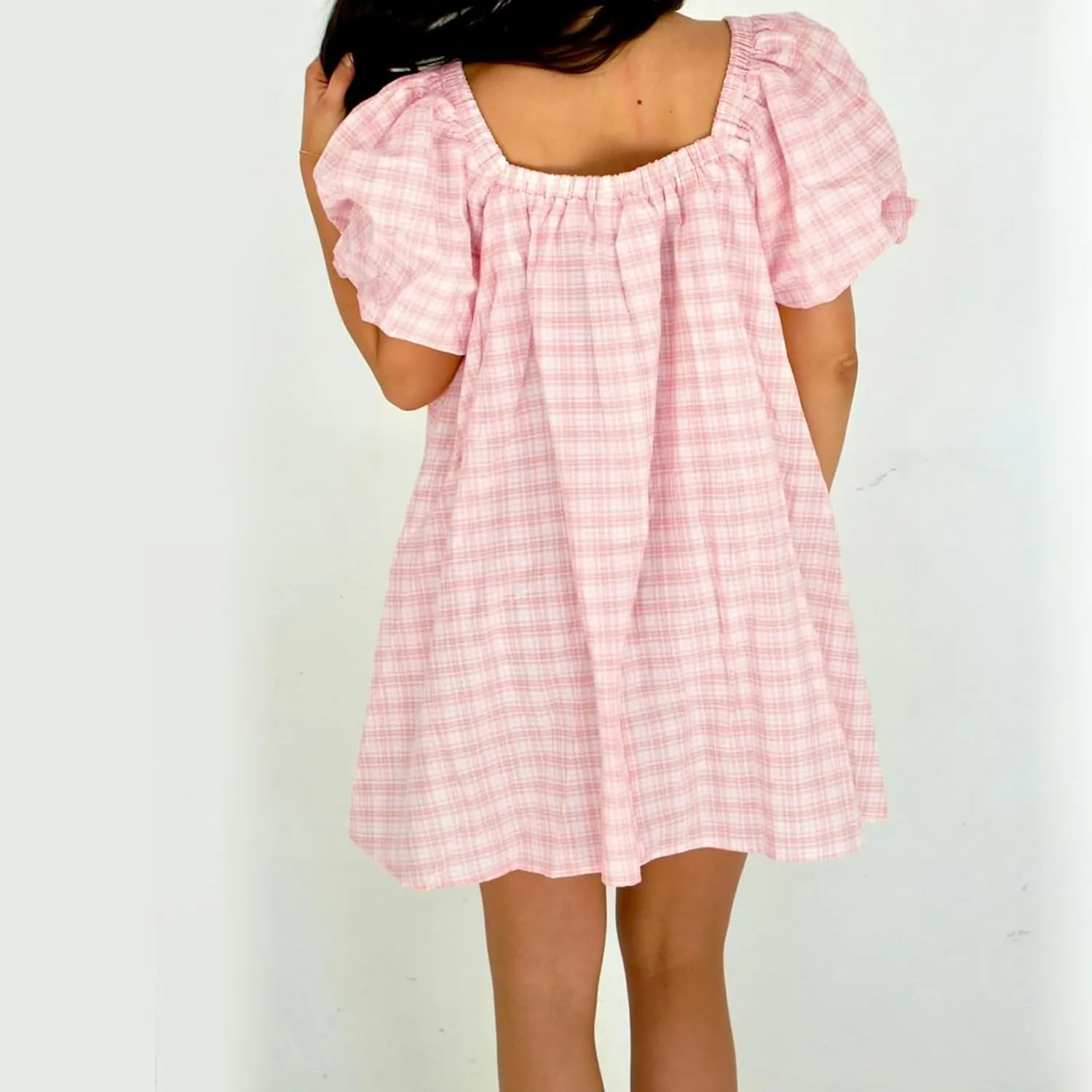Y2k Women Gingham Puff Short Sleeve Mini Dress Ruffle Square Neck A Line Flowy Babydoll Short Dresses Summer