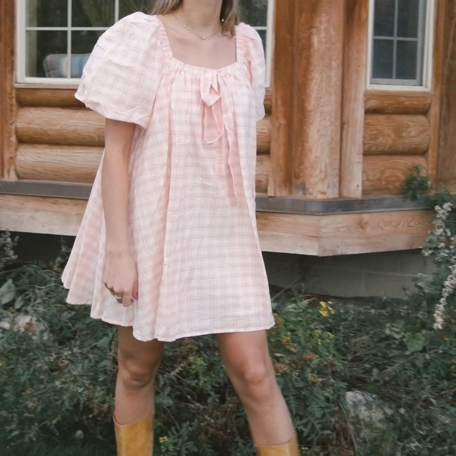 Y2k Women Gingham Puff Short Sleeve Mini Dress Ruffle Square Neck A Line Flowy Babydoll Short Dresses Summer