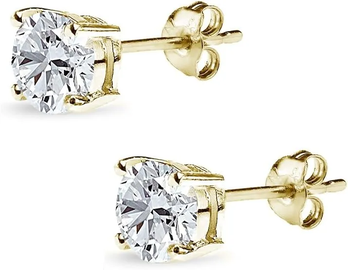 Yellow Gold Flashed Sterling Silver 6mm Round Solitaire Stud Gemstone Birthstone Earrings for Women Bridesmaids
