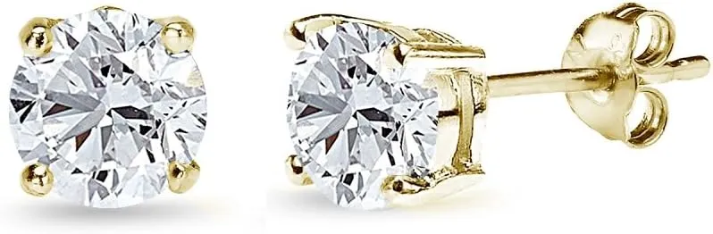 Yellow Gold Flashed Sterling Silver 6mm Round Solitaire Stud Gemstone Birthstone Earrings for Women Bridesmaids