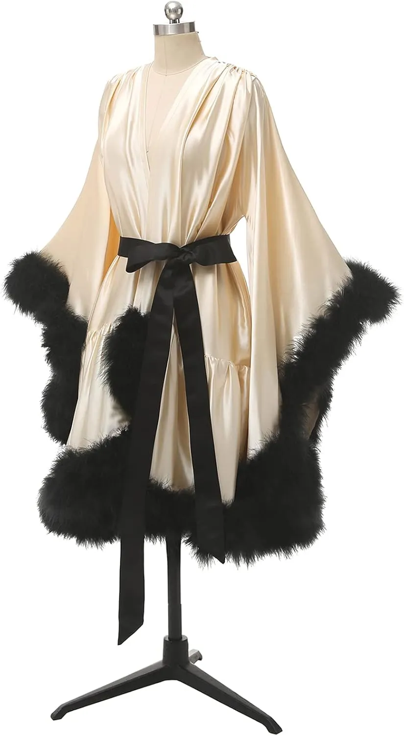 yinyyinhs Women's Feather Robe Silk Satin Bridal Dressing Gowns Short Nightgown Bathrobe Sleepwear Maternity Robe