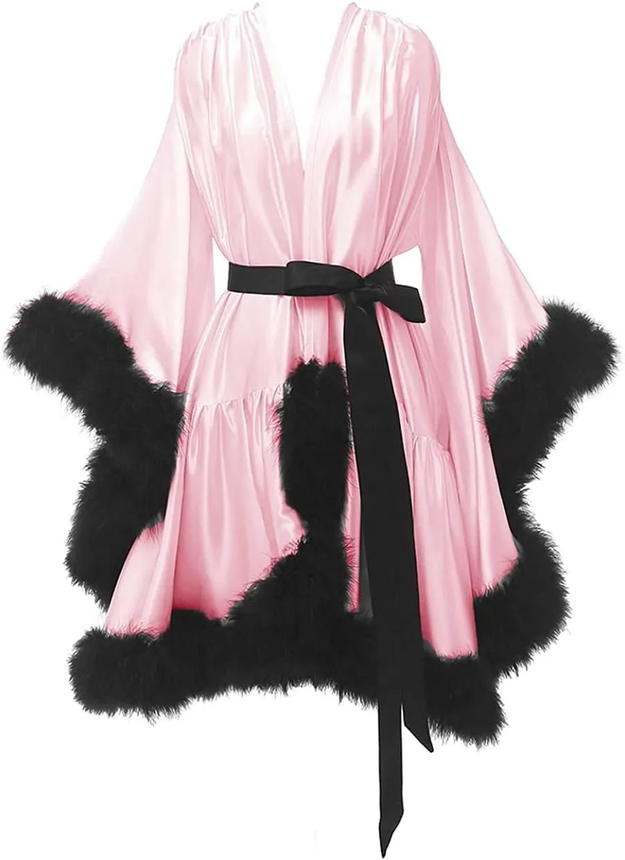 yinyyinhs Women's Feather Robe Silk Satin Bridal Dressing Gowns Short Nightgown Bathrobe Sleepwear Maternity Robe