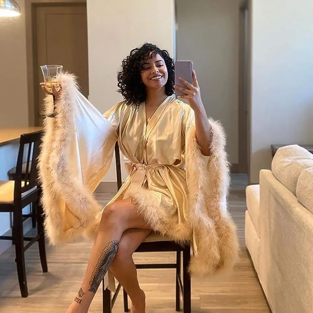yinyyinhs Women's Feather Robe Silk Satin Bridal Dressing Gowns Short Nightgown Bathrobe Sleepwear Maternity Robe
