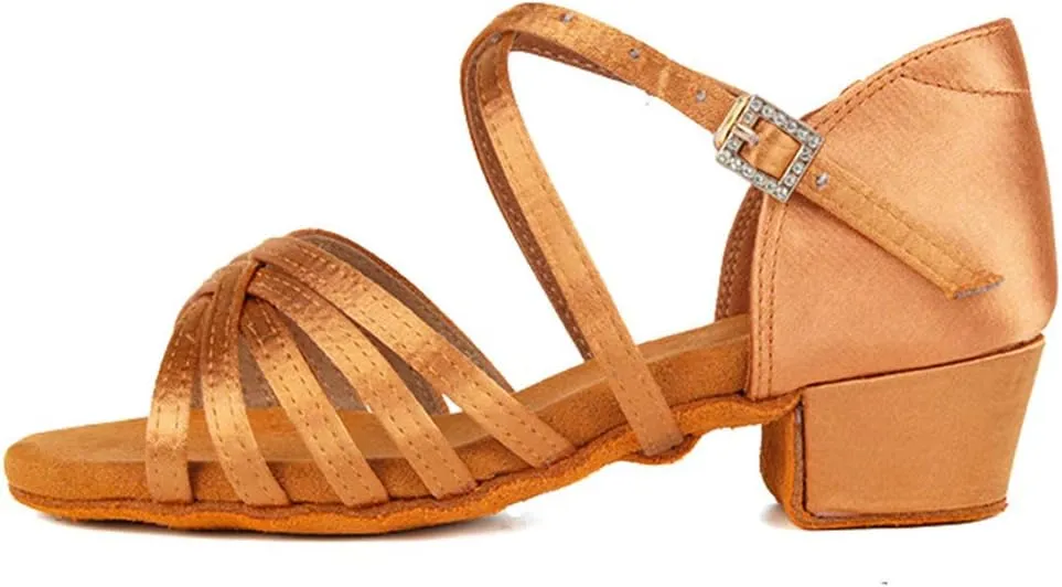 YKXLM Silk Fabric Brown Latin Dance Shoes for Girls Latin Ballroom Dance Shoes Girls with Diamond Buckle,Model US-TL-LP1202-ZSZK, 5.5 M Little Kid