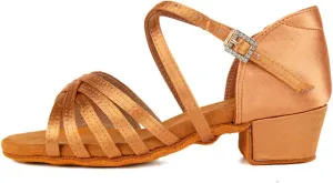 YKXLM Silk Fabric Brown Latin Dance Shoes for Girls Latin Ballroom Dance Shoes Girls with Diamond Buckle,Model US-TL-LP1202-ZSZK, 5.5 M Little Kid