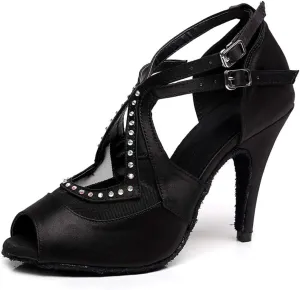 YKXLM Women's Professional Latin Dance Shoes, Ballroom Performance Wedding Party Dance Shoes,Model QJW5014-10, Black,9 US